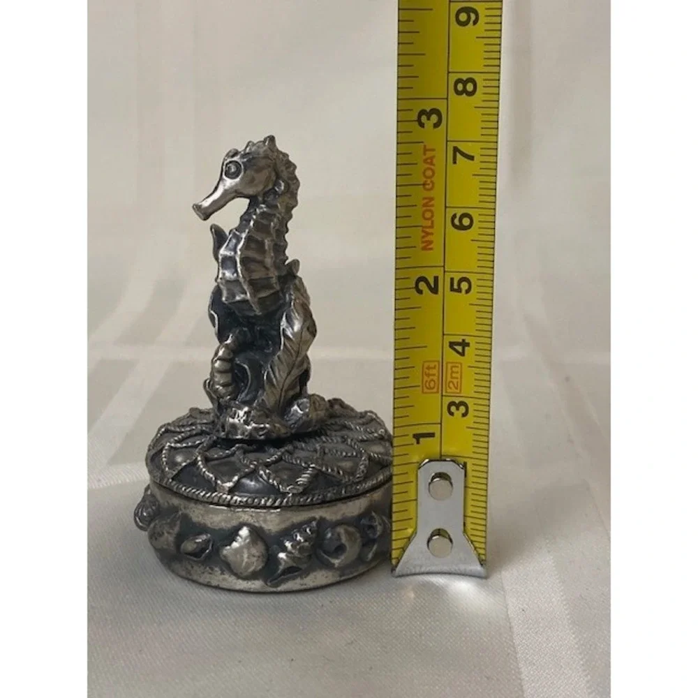 Vintage Seahorse Trinket Box Silver Tone Nautical Shell Pill Box Velvet Lined